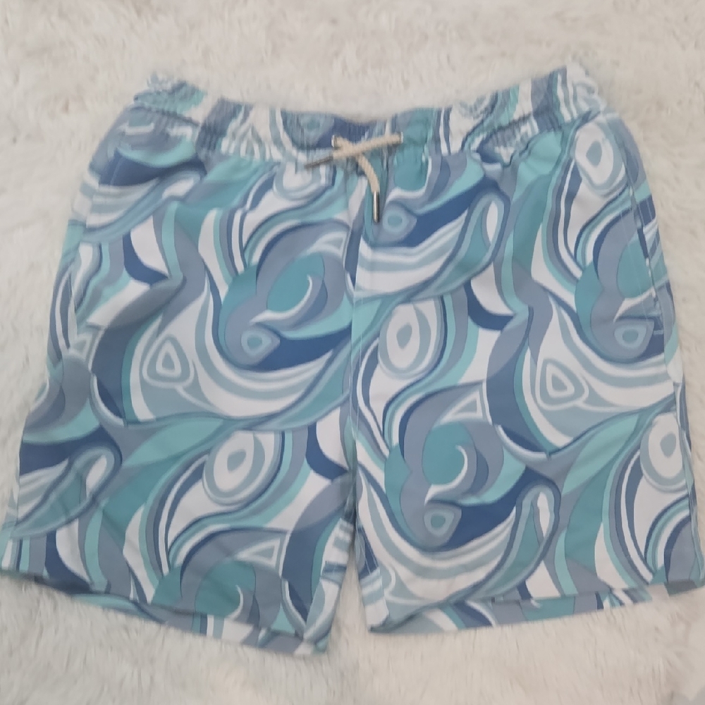 Fair Harbor Teal, Aqua & Navy Patterned Swim Trunks